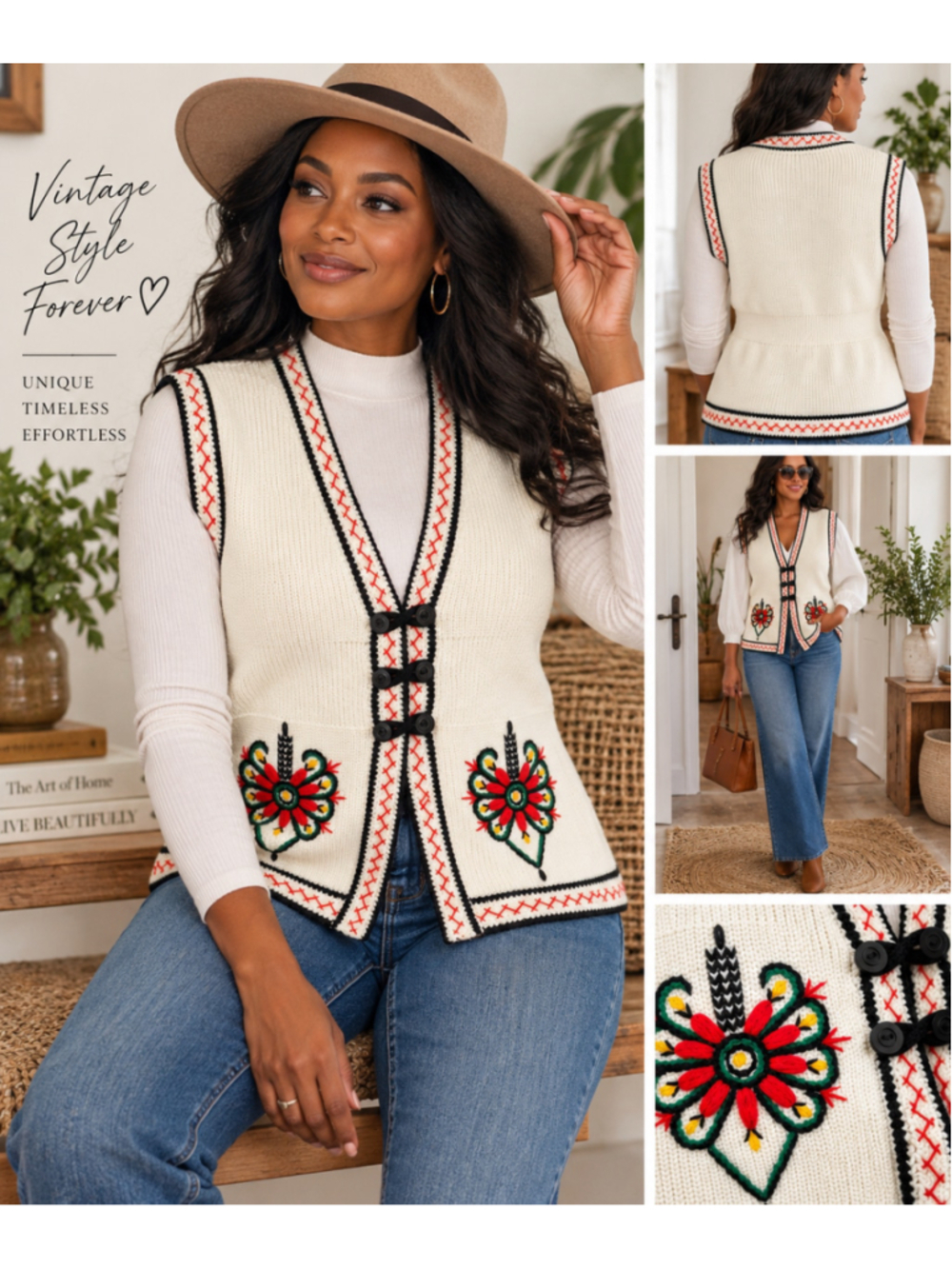 Vintage Handmade Embroidered Sweater Vest Women Ivory Folk Boho Cottagecore